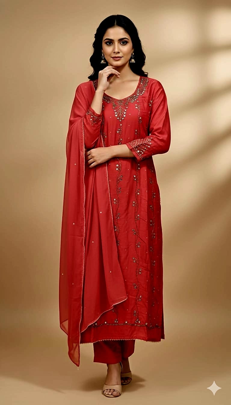 katchupi Three piece  কামিজ এসি কটন free size  প্যান্ট বাটার সিল ওড়না জর্জেট শিপন স্টোন করা সম্পূর্ণ হাতের কাছ টুপি কাজ করা